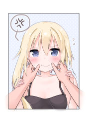 Rule 34 | 1girl, anger vein, black dress, blonde hair, blue background, blue eyes, blush, breasts, closed mouth, collarbone, commentary request, dress, fingernails, flying sweatdrops, forced smile, hair between eyes, hands on another&#039;s face, highres, holding another&#039;s wrist, long hair, looking at viewer, original, polka dot, polka dot background, small breasts, solo focus, spoken anger vein, strapless, strapless dress, sweat, tia-chan, trembling, uchuuneko