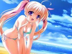 Rule 34 | 1girl, ahoge, artist request, beach, bikini, blonde hair, blush, breasts, character request, cleavage, cloud, collarbone, covered erect nipples, game cg, green bikini, hair ribbon, leaning forward, long hair, looking at viewer, medium breasts, navel, ocean, open mouth, pink ribbon, purple eyes, ribbon, sand, side-tie bikini bottom, sky, smile, solo, swimsuit, twintails, water
