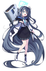 Rule 34 | 1girl, :d, absurdly long hair, absurdres, aris (blue archive), black hair, black jacket, black skirt, black socks, blue archive, blue eyes, blue halo, blue necktie, blush, collared jacket, collared shirt, cross-laced footwear, from side, gyool, hair between eyes, hair ribbon, halo, high-waist skirt, highres, jacket, knees together feet apart, long hair, long sleeves, looking at viewer, multicolored clothes, multicolored jacket, necktie, one side up, open clothes, open jacket, open mouth, pleated skirt, railgun, ribbon, school uniform, shirt, shirt tucked in, shoes, sidelocks, simple background, skirt, smile, sneakers, socks, solo, straight hair, teeth, two-tone jacket, upper teeth only, very long hair, weapon, weapon on back, white background, white footwear, white jacket, white shirt
