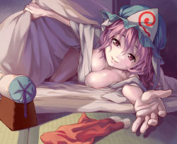 Rule 34 | 1girl, areola slip, breast press, breasts, christmas, come hither, female focus, futon, hat, highres, honoru, indoors, japanese clothes, large breasts, looking at viewer, lying, mob cap, on side, parted lips, pink eyes, pink hair, reach-around, reaching, reaching towards viewer, saigyouji yuyuko, sleepwear, solo, tatami, touhou, triangular headpiece