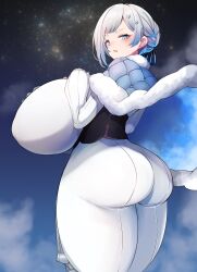 Rule 34 | 10eki (tenchou), 1girl, absurdres, akershus fortress (oshiro project), ass, backboob, black corset, blue bow, blue cape, blue cloak, blue eyes, blush, bodysuit, bow, braid, breasts, cape, cloak, corset, fluff, fur-trimmed cape, fur-trimmed cloak, fur trim, grey hair, hair bow, hair ornament, hand on own chest, highres, huge ass, huge breasts, long sleeves, looking at viewer, looking back, night, night sky, oshiro project:re, outdoors, padded cloak, shirt, sky, solo, standing, star (sky), starry sky, thick thighs, thighs, tight clothes, white bodysuit, white shirt