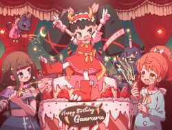 Rule 34 | 3girls, :d, arms up, birthday, birthday cake, black hair, blue dress, blue eyes, brown hair, cake, candle, cat, character name, confetti, crescent, curtains, demon horns, double v, dress, food, full body, gaaruru (pripara), gajira (pripara), gloves, hairband, happy birthday, highres, horns, kurosu aroma, long hair, looking at viewer, monster, multiple girls, neko (pripara), open mouth, party popper, paw shoes, ponytail, pretty series, pripara, red dress, red footwear, red hair, red hairband, ruru ashihara, shiratama mikan, smile, standing, standing on one leg, star (symbol), third-party source, twintails, v, white gloves