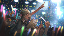 Rule 34 | 1girl, :3, advarcher, blonde hair, bracelet, cheering, concert, confetti, crowd, dark-skinned female, dark skin, fist pump, glowstick, hair ornament, highres, holding, holding glowstick, hololive, hololive english, jewelry, limiter (tsukumo sana), long hair, looking to the side, making-of available, open mouth, planet hair ornament, pointing, pointing up, sanallite (tsukumo sana), short sleeves, tsukumo sana, twintails, virtual youtuber, yellow eyes
