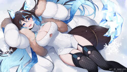 Rule 34 | 1girl, animal ear fluff, animal ears, black nails, blue eyes, blue hair, breasts, brown hair, cleavage, cleavage cutout, clothing cutout, coat, fishnet thighhighs, fishnets, highres, indie virtual youtuber, large breasts, long hair, looking at viewer, lying, multicolored hair, nail polish, nanoless, on back, open mouth, sinder (vtuber), smile, streaked hair, sweater, tail, thighhighs, virtual youtuber, white coat, white sweater, winter clothes, winter coat, wolf ears, wolf girl, wolf tail