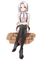 Rule 34 | 1girl, aged up, ankle strap, black thighhighs, breasts, brick wall, crossed arms, crossed legs, fei (1042471593), hair intakes, light smile, looking at viewer, medium breasts, medium hair, necktie, on wall, pencil skirt, plantar flexion, red hair, shirt, simple background, sitting, sketch, skirt, sleeveless, sleeveless shirt, solo, striped necktie, striped neckwear, suspenders, thighhighs, thighs, vittorio veneto (warship girls r), warship girls r, white background, white hair, white shirt, zettai ryouiki
