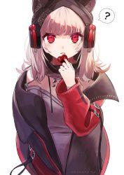 Rule 34 | 1girl, ?, arknights, beanie, black hat, blush, coat, frostleaf (arknights), hat, headphones, heart, highres, implied extra ears, jacket, looking at viewer, material growth, nail polish, open mouth, oripathy lesion (arknights), red eyes, red jacket, red nails, red sleeves, simple background, solo, white background