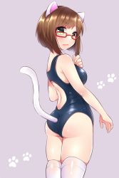 Rule 34 | 10s, 1girl, animal ears, arm at side, ass, bare shoulders, blush, body blush, breasts, brown hair, cat ears, cat tail, closed mouth, clothing cutout, competition swimsuit, eyebrows, from behind, from side, frown, glasses, green eyes, hand on own chest, idolmaster, idolmaster cinderella girls, kemonomimi mode, large breasts, looking at viewer, looking back, maekawa miku, one-piece swimsuit, paw print, pink background, red-framed eyewear, short hair, simple background, skin tight, skindentation, solo, standing, swimsuit, tail, tail through clothes, tareme, thighhighs, trente, wavy mouth, white thighhighs