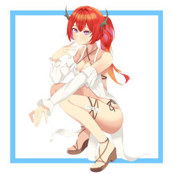 Rule 34 | 1girl, bikini, blue archive, breasts, horns, medium breasts, purple eyes, red hair, sandals, simple background, solo, squatting, surtr (arknights), surtr (colorful wonderland) (arknights), swimsuit, white background, winterflower