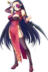 Rule 34 | 1girl, absurdres, bare shoulders, black hair, black legwear, breasts, china dress, chinese clothes, dress, elbow gloves, eyepatch, full body, game cg, gloves, highres, holding, holding weapon, kakouton, kantaka, koihime musou, large breasts, long hair, looking at viewer, open mouth, panties, pelvic curtain, purple eyes, shoes, side-tie panties, smile, solo, standing, sword, transparent background, underwear, weapon