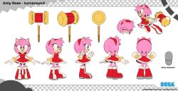 Rule 34 | 1girl, absurdres, amy rose, boots, bracelet, character profile, character sheet, clenched teeth, closed eyes, commentary, english commentary, gloves, green eyes, hairband, hammer, hedgehog girl, highres, holding, holding hammer, jewelry, long eyelashes, motion lines, multiple views, official art, open mouth, pigeon-toed, pink fur, red footwear, red hairband, sega, single vertical stripe, smile, solo, sonic (series), sonic dream team, teeth, toy hammer, turnaround, tyson hesse, white gloves