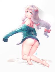 Rule 34 | 10s, 1girl, ahoge, ass, bad id, bad pixiv id, bare shoulders, barefoot, blue eyes, bow, bra, closed mouth, eromanga sensei, from behind, full body, green jacket, hair bow, hands up, hood, hood down, hooded jacket, izumi sagiri, jacket, kneeling, lace, lace-trimmed bra, lace-trimmed panties, lace trim, light purple hair, long hair, looking at viewer, looking back, low-tied long hair, off shoulder, on bed, ozzingo, panties, pink bow, pink bra, pink panties, shiny skin, shoulder blades, simple background, sleeves past wrists, solo, underwear, white background