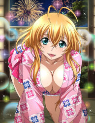 Rule 34 | 1girl, :d, antenna hair, aqua eyes, bent over, blonde hair, breasts, cleavage, collarbone, fang, fireworks, hair between eyes, ikkitousen, japanese clothes, kimono, large breasts, lens flare, long hair, long sleeves, looking at viewer, miniskirt, open mouth, pink skirt, pleated skirt, print kimono, skirt, smile, solo, sonsaku hakufu, sparkle, straight hair, very long hair
