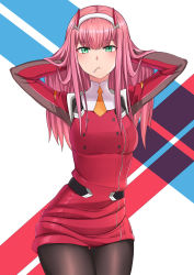 Rule 34 | 10s, 1girl, aori sora, black pantyhose, blush, breasts, commentary request, cowboy shot, darling in the franxx, dress, eyeshadow, green eyes, hairband, hands in hair, hands up, highres, horns, long hair, long sleeves, looking at viewer, makeup, medium breasts, mouth hold, necktie, orange necktie, pantyhose, pink hair, red dress, short dress, solo, standing, thigh gap, uniform, zero two (darling in the franxx)