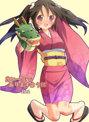 Rule 34 | 10s, 1girl, 2012, black hair, dragon, hand puppet, japanese clothes, kimono, long hair, new year, okobo, open mouth, original, pu-en, puppet, red eyes, sandals, smile, solo, twintails