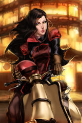 Rule 34 | 1girl, asami sato, avatar: the last airbender, avatar legends, black hair, blurry, blurry background, brown gloves, eyeshadow, gloves, green eyes, helmet, lips, long hair, looking at viewer, makeup, motor vehicle, scooter, solo, the art mage, the legend of korra, vehicle
