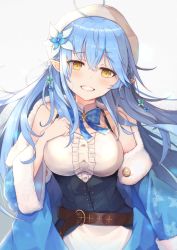 Rule 34 | 1girl, ahoge, belt, beret, blue bow, blue coat, blue hair, blush, bow, breasts, center frills, cleavage cutout, clothing cutout, coat, dvdarts, flower, frills, fur-trimmed coat, fur trim, grin, hair between eyes, hair flower, hair ornament, half updo, hat, head tilt, highres, hololive, large breasts, long hair, looking at viewer, loose belt, open clothes, open coat, pointy ears, shirt, sleeveless, sleeveless shirt, smile, snowflake print, solo, virtual youtuber, white hat, white shirt, yellow eyes, yukihana lamy