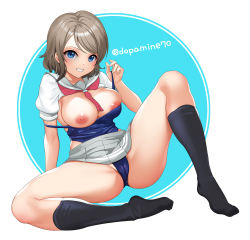 Rule 34 | 1girl, between breasts, black socks, blue eyes, blue one-piece swimsuit, breasts, breasts out, brown hair, cameltoe, cleft of venus, commentary request, dopamine70, grin, highres, holding strap, knee up, large breasts, looking at viewer, love live!, love live! sunshine!!, medium breasts, medium hair, neckerchief, nipples, no shoes, one-piece swimsuit, pleated skirt, puffy short sleeves, puffy sleeves, red neckerchief, school uniform, serafuku, shiny skin, shirt, short hair, short sleeves, sitting, skirt, smile, socks, solo, spread legs, swimsuit, teeth, uranohoshi school uniform, watanabe you, white background, white shirt
