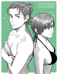 1216liddell 1boy 1girl back-to-back bare_shoulders bikini black_bikini border breasts cleavage closed_mouth cropped_torso crossed_arms eren_yeager facial_scar green_background hair_between_eyes hair_bun light_smile looking_at_viewer medium_breasts medium_hair midriff mikasa_ackerman monochrome scar scar_on_cheek scar_on_face shingeki_no_kyojin short_hair sideboob sparkle swimsuit topless_male white_border