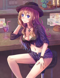 Rule 34 | 1girl, bandeau, bar (place), blue eyes, breasts, brown hair, cleavage, cutoffs, drink, drinking straw, earrings, front-tie top, glass, hand on thigh, hat, highres, jacket, jewelry, long hair, navel, necklace, open fly, original, panties, short shorts, shorts, sleeves rolled up, smile, solo, stool, suikakitsu shiro, unbuttoned, underwear, unzipped, xia you qing