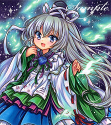 Rule 34 | 1girl, :d, black hat, blue eyes, blue skirt, breasts, commentary request, cowboy shot, embellished costume, frills, grey hair, hat, japanese clothes, kariginu, long hair, long sleeves, looking at viewer, marker (medium), mononobe no futo, open mouth, ponytail, ribbon, ribbon-trimmed sleeves, ribbon trim, rui (sugar3), sample watermark, skirt, small breasts, smile, solo, sparkle, tate eboshi, touhou, traditional media, very long hair, watermark, white ribbon, wide sleeves