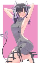 Rule 34 | 1girl, aran sweater, armpits, arms behind head, backless dress, backless outfit, black footwear, black hair, black ribbon, blush, breasts, cable knit, commentary request, demon girl, demon horns, demon tail, dress, full body, grey sweater, halterneck, high heels, highres, horns, kojo anna, kojo anna (3rd costume), leg ribbon, long hair, looking at viewer, medium breasts, meme attire, mint november11, multicolored hair, nanashi inc., official alternate costume, open mouth, pink background, pointy ears, purple hair, ribbed sweater, ribbon, sideboob, smile, solo, sugar lyric, sweater, sweater dress, tail, turtleneck, turtleneck sweater, two-tone background, two-tone hair, virgin killer sweater, virtual youtuber, white background, yellow eyes