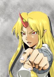 Rule 34 | 1girl, angry, blonde hair, coolon, cuffs, face, fang, female focus, foreshortening, horns, hoshiguma yuugi, long hair, pointing, pointy ears, red eyes, serious, single horn, slit pupils, solo, touhou