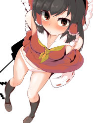 Rule 34 | 1girl, ascot, bad id, bad pixiv id, black hair, black socks, blush, bow, breasts, brown footwear, clothes lift, collarbone, detached sleeves, dress, dress lift, from above, full body, gohei, hair bow, hair tubes, hakurei reimu, hekiga (freelot), highres, kneehighs, looking at viewer, looking up, medium breasts, medium hair, midriff, nontraditional miko, panties, red eyes, shoes, simple background, socks, solo, standing, sweat, thighs, touhou, underwear, white background, white panties, wide sleeves, yellow ascot