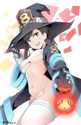 Rule 34 | 1girl, artist name, bikini, bikini bottom only, black hair, blush, breasts, coat, doyagao, en&#039;en no shouboutai, fire, from below, gloves, hat, highres, hot vr, looking at viewer, maki oze, medium breasts, navel, neon trim, open mouth, orange background, panties, pink background, purple eyes, red background, skindentation, smile, smug, solo, standing, strapless, swept bangs, swimsuit, thighhighs, tube top, underboob, underwear, v-shaped eyebrows, white background, white bikini, white thighhighs, white tube top, witch hat