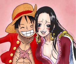 Rule 34 | 1boy, 1girl, artist request, black hair, boa hancock, breasts, cleavage, long hair, monkey d. luffy, one piece, smile
