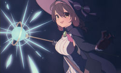 Rule 34 | 1girl, black background, black gloves, bow, breasts, brown eyes, brown hair, cape, gloves, glowing, glowing staff, hat, hat bow, highres, holding, holding staff, hololive, looking at viewer, medium breasts, medium hair, nosir onadat, open hand, open mouth, roboco-san, short twintails, smile, solo, staff, twintails, virtual youtuber, witch hat