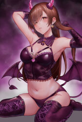 Rule 34 | 1girl, armpits, arms up, asymmetrical gloves, blush, boots, breasts, brown eyes, brown hair, cleavage, cleft of venus, cowboy shot, crop top, demon horns, demon tail, demon wings, elbow gloves, frown, gloves, gradient background, grimoire ~shiritsu grimoire mahou gakuen~, hair over one eye, hand in own hair, highres, horns, kamidanomi, leather, long hair, looking at viewer, medium breasts, navel, panties, rurikawa haruno, sitting, sleeveless, solo, straight hair, tail, thigh boots, thighs, underwear, wariza, wings