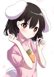 Rule 34 | 1girl, animal ears, arms up, black hair, blurry, blush, breasts, bright pupils, carrot necklace, commentary request, depth of field, dress, hair between eyes, hair tie, head tilt, high collar, highres, holding, inaba tewi, jewelry, looking at viewer, necklace, petals, pink dress, puffy short sleeves, puffy sleeves, rabbit ears, rabbit girl, rabbit tail, red eyes, short hair, short sleeves, simple background, small breasts, solo, standing, tail, touhou, tsukimirin, upper body, white background, white pupils