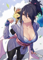 Rule 34 | 1girl, absurdres, animal, black hair, black pants, breasts, cleavage, closed mouth, collarbone, commentary request, falling leaves, from above, fujibayashi sheena, hand up, highres, holding, japanese clothes, kagematsuri, large breasts, leaf, long sleeves, medium hair, pants, ponytail, tales of (series), tales of symphonia, thighs, tower of saviors
