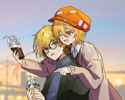 Rule 34 | 1boy, 1girl, blonde hair, brown sweater vest, cabbie hat, coat, collared shirt, cup, disposable cup, dokgo die docta (d o t), don quixote (project moon), glasses, green coat, grey coat, grey sweater, hat, limbus company, long sleeves, open mouth, orange headwear, pointing, project moon, round eyewear, shirt, sinclair (project moon), sticker, sweat, sweater, sweater vest, turtleneck, turtleneck sweater, upper body, white shirt, yellow eyes