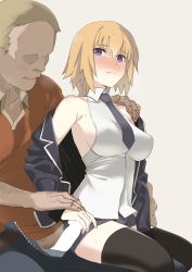Rule 34 | 1boy, 1girl, bare shoulders, black thighhighs, blazer, blonde hair, blush, breasts, censored, fate/apocrypha, fate (series), grey background, hair between eyes, hairy, hand on another&#039;s shoulder, handjob, hetero, jacket, jeanne d&#039;arc (fate), jeanne d&#039;arc (girl from orleans) (fate), jeanne d&#039;arc (ruler) (fate), large breasts, long hair, male pubic hair, necktie, ningen (ningen96), off shoulder, penis, penis grab, pubic hair, purple eyes, shirt, short shorts, shorts, sideboob, simple background, sitting, sitting on person, sleeveless, sleeveless shirt, sweat, thighhighs, very long hair