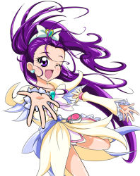 Rule 34 | 00s, 1girl, ;d, bow, brooch, cure egret, dress, eyelashes, futari wa precure splash star, hair bow, heart, heart brooch, jewelry, long hair, magical girl, mishou mai, one eye closed, open mouth, outstretched arms, ponytail, precure, purple eyes, purple hair, ribbon, sinko (sinsin), smile, solo, spread arms, white background, wink