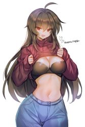 Rule 34 | 1girl, ahoge, artist name, bad id, bad pixiv id, black hair, blush, bra, breasts, cleavage, clothes lift, denim, hair between eyes, highres, iris yuma, jeans, large breasts, long hair, looking at viewer, maett, navel, open mouth, pants, red eyes, ribbed sweater, simple background, smile, solo, soulworker, sweater, sweater lift, underwear, very long hair, white background, wide hips