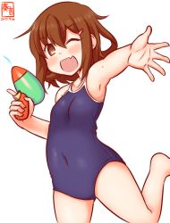 Rule 34 | 1girl, alternate costume, artist logo, black one-piece swimsuit, blue one-piece swimsuit, breasts, brown eyes, brown hair, commentary request, competition school swimsuit, covered navel, cowboy shot, dated, fang, flat chest, hair ornament, hairclip, ikazuchi (kancolle), kanon (kurogane knights), kantai collection, looking at viewer, one-hour drawing challenge, one-piece swimsuit, open mouth, school swimsuit, school uniform, serafuku, short hair, simple background, skin fang, small breasts, smile, solo, standing, standing on one leg, swimsuit, water gun, white background