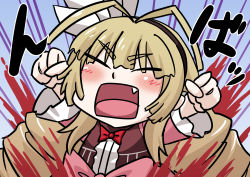 Rule 34 | 10s, 1girl, antenna hair, blonde hair, blood, blush, bow, clenched hands, dress, closed eyes, fang, frederika (hitsugi no chaika), hairband, hitsugi no chaika, ken tatsuki, open mouth, outstretched arms, solo