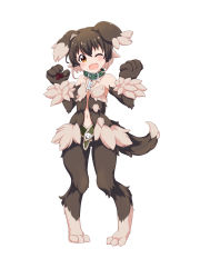 Rule 34 | 1girl, ;d, animal ears, animal hands, bare shoulders, battle girl high school, body fur, brown eyes, brown hair, collar, commentary request, digitigrade, dog ears, dog girl, dog tail, fang, full body, hair between eyes, hands up, highres, kobold (monster girl encyclopedia), lee xianshang, looking at viewer, minami hinata, monster girl encyclopedia, monster girl encyclopedia ii, monsterification, navel, one eye closed, open mouth, petite, short hair, simple background, smile, solo, standing, tail, white background