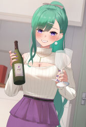 Rule 34 | 1girl, absurdres, bow, breasts, cleavage, cleavage cutout, clothing cutout, commentary, earrings, green hair, hair behind ear, hair bow, highres, hyon 2525, jewelry, large breasts, long hair, long sleeves, looking at viewer, mole, mole on breast, nail polish, ponytail, purple eyes, purple nails, purple skirt, skirt, smile, solo, sweater, swept bangs, teeth, turtleneck, turtleneck sweater, virtual youtuber, vspo!, white sweater, yakumo beni, yakumo beni (3rd costume)