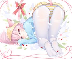 Rule 34 | 1girl, all fours, anal, anal object insertion, anal tail, animal ears, ass, azur lane, bell, butt plug, cat ears, cat tail, chinese commentary, commentary request, fake tail, feet, fengli (709622571), hat, kindergarten uniform, kisaragi (azur lane), looking at viewer, no shoes, object insertion, panties, panties over pantyhose, pantyhose, pink eyes, pink hair, ribbon, school hat, school uniform, soles, striped clothes, striped panties, tail, tail bell, tail ornament, tail ribbon, underwear, white pantyhose