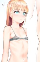Rule 34 | !, !!, 1girl, blonde hair, blue eyes, blush, bra, breasts, covered erect nipples, grey bra, kanzaki muyu, long hair, looking at viewer, navel, open mouth, original, simple background, small breasts, solo, underwear, white background