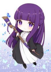 Rule 34 | 1girl, black robe, blue butterfly, blunt bangs, blunt ends, blush, bright pupils, bug, butterfly, closed mouth, commentary, dress, fern (sousou no frieren), gelulu, half updo, highres, holding, holding staff, insect, long hair, long sleeves, mage staff, purple eyes, purple hair, purple pupils, robe, sidelocks, simple background, smile, solo, sousou no frieren, split mouth, staff, standing, straight hair, very long hair, white background, white dress, wide sleeves