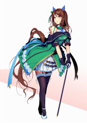 Rule 34 | 1girl, animal ears, bare shoulders, black gloves, black thighhighs, brown eyes, brown hair, buttons, collared shirt, dress, ear covers, frilled dress, frilled thighhighs, frills, full body, garter straps, gloves, green dress, highres, holding, holding staff, horse ears, horse girl, horse tail, king halo (umamusume), off-shoulder dress, off shoulder, oki (koi0koi), shirt, solo, staff, tail, thighhighs, umamusume, wavy hair