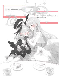 Rule 34 | 2girls, absurdres, blue archive, blush, commentary, cup, dress, eshineko, greyscale, halo, hand on another&#039;s face, hat, head wings, highres, koharu (blue archive), long hair, looking at another, low wings, marshmallow (site), mika (blue archive), monochrome, multiple girls, neckerchief, open mouth, plate, pleated skirt, request inset, saucer, school uniform, scrunchie, short sleeves, sitting, skirt, slit pupils, spoon, spot color, teacup, twintails, wings, wrist scrunchie, yuri