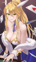 Rule 34 | 1girl, absurdres, ahoge, animal ears, artoria pendragon (all), artoria pendragon (fate), artoria pendragon (swimsuit ruler) (fate), bare shoulders, blonde hair, blue neckwear, blue pantyhose, braid, breasts, card, cleavage, clothing cutout, detached collar, fake animal ears, fate/grand order, fate (series), feather boa, fishnet pantyhose, fishnets, french braid, green eyes, hair between eyes, highleg, highleg leotard, highres, large breasts, leaning forward, leotard, long hair, monegi, navel cutout, necktie, pantyhose, parted lips, playboy bunny, playing card, ponytail, rabbit ears, sidelocks, smile, tiara, white leotard, wrist cuffs