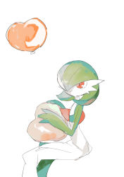 Rule 34 | 1girl, apios, balloon, bob cut, closed mouth, colored skin, creatures (company), female focus, flat chest, game freak, gardevoir, gen 3 pokemon, green hair, green skin, hair over one eye, hands up, happy, heart, highres, holding, invisible chair, looking up, multicolored skin, nintendo, pokemon, pokemon (creature), red eyes, short hair, simple background, sitting, sketch, smile, solo, two-tone skin, white background, white skin