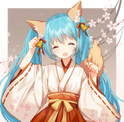 Rule 34 | 1girl, animal ears, aqua hair, arms up, bell, bison cangshu, closed eyes, fox ears, fox tail, hair bell, hair ornament, hatsune miku, japanese clothes, long hair, miko, paw pose, solo, tail, twintails, very long hair, vocaloid