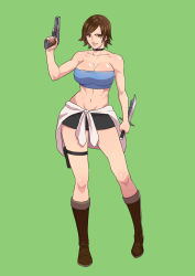 Rule 34 | 1girl, absurdres, bare shoulders, black choker, black skirt, boots, breasts, brown eyes, brown footwear, brown hair, choker, cirenk, cleavage, clothes around waist, collarbone, combat knife, commission, cosplay, dual wielding, full body, green background, gun, handgun, highres, holding, holding gun, holding weapon, holster, jill valentine, jill valentine (cosplay), kazama asuka, knee boots, knife, large breasts, long legs, microskirt, midriff, namco, no bra, pistol, resident evil, resident evil 3, resident evil 3: nemesis, reverse grip, short hair, skirt, solo, strapless, sweater, sweater around waist, tekken, thigh holster, toned, trigger discipline, tube top, weapon
